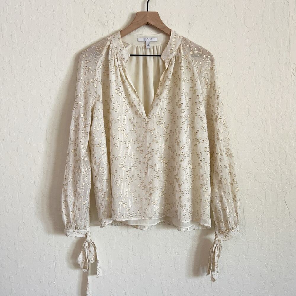 Derek Lam 10 Crosby Silk Metallic Long Sleeve Button Front Blouse 4 Gold Ivory